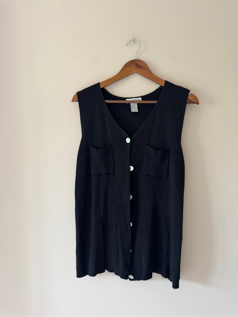 Christina Vintage Black Sleeveless Pearlescent Button-Front Knit Vest